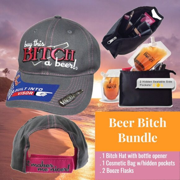 Buy This B!tch A Beer Hat w/Stealth Cosmetic Bag Smuggle My Booze Set - Picture 1 of 6